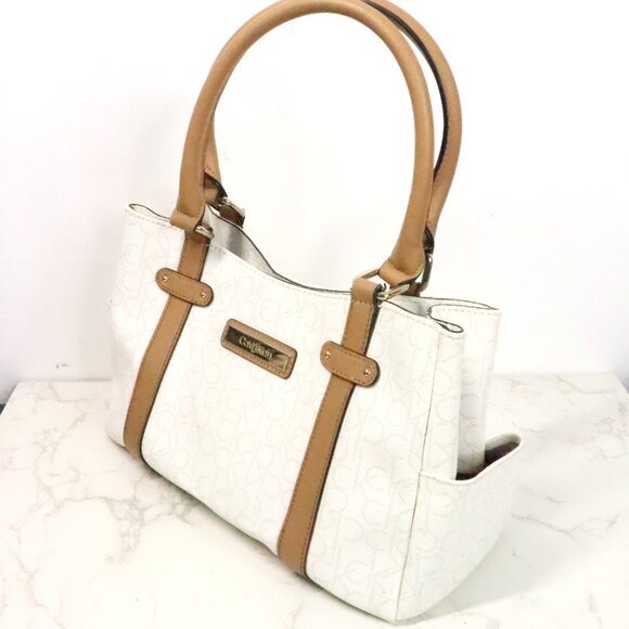 Calvin Klein Hudson White Signature Monogram Logo Pebbled Satchel Handbag Purse - Picture 3 of 9